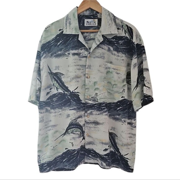 Sun Casuals Sz L Hawaiian Fishing Shirt Marlin Print Button Up Short Sleeve - Picture 1 of 15